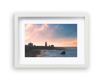 Point Judith Lighthouse,  Narragansett, RI Framed Tabletop Photography - 5" x 7" White Wood Frame | White Mat | Ocean Sunrise Landscape