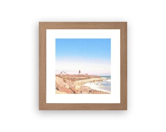 Point Judith Lighthouse, Narragansett, RI Framed Wall Art Photography Print - 16" x 16" Natural Wood Square Frame | Rhode Island Photography