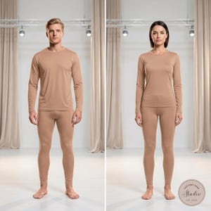 Conjunto de capa base en tono beige natural, traje de baile para piel clara media, conjunto de rendimiento, top de manga larga y leggings, traje neutro.