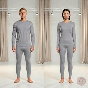 Peut inclure: Un ensemble assorti de chemise à manches longues et de leggings gris. L'ensemble est fait d'une matière douce et moulante. La tenue est présentée sur deux personnes, un homme et une femme, dans un studio.