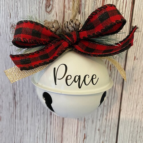 Farmhouse Decor - Personalized White Bell Ornament - Christmas - Buffalo Plaid - Jingle Bell - Rustic Home Living