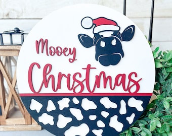 Mooey Christmas wood door hanger, wood round, cow decor, cow lovers ,