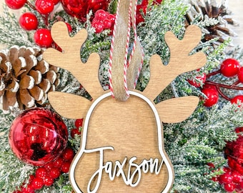 Personalized reindeer ornament, custom wooden reindeer ornament, Rudolph wooden ornament, kid gift, gift for grandkids, reindeer lover gift.