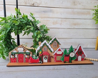 Christmas wooden village, Santa village set, Christmas village scene, holiday mantle, standing Christmas village,