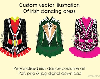 Benutzerdefinierte Vektor-Illustration eines irischen Tanzkleides Personalisiertes irisches Tanzkostüm Kunst PDF PNG JPG Digitaler Download