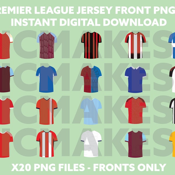 20 Premier League Front Jerseys 23/24 kit png, descarga digital instantánea Reino Unido fútbol fútbol cricut archivos