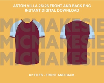 Aston Villa 25/26 jersey png front and back instant digital download no sponsorships football cricut files