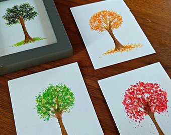 Original enmarcado Mini árboles de temporada (otoño, verano) Acuarela, 3x4