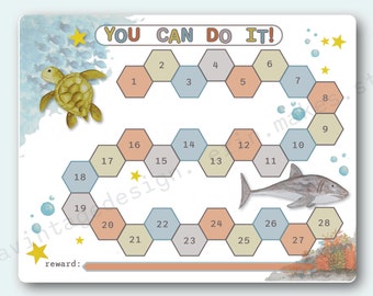 Gráfico de recompensas de pegatinas de conteo de tortugas y tiburones de acuarela imprimibles bajo el mar - DESCARGA INSTANTÁNEA