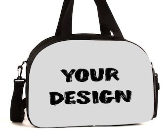 May include: A grey and black duffel bag with a black zipper and a black handle. The bag has the text "YOUR DESIGN" printed on the front in black.