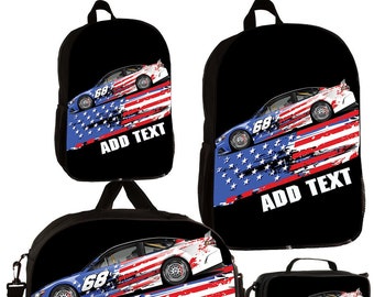 Personalized Full Color Kids Backpacks / Lunch Bag / Duffel Bag - USA Race Car