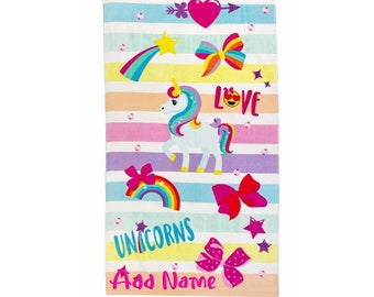 Serviette de piscine / plage personnalisée - Jojo Siwa avec licorne, arc-en-ciel et arcs