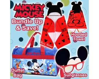 Mickey Mouse Personalized 3-Piece Gift Bundle set. Includes Personalized Duffel Bag, Personalized Hooded Towel and Sunglasses