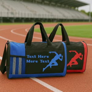 May include: Two black duffel bags with blue and red accents. The bags have a runner silhouette printed on them. The blue bag has the text "Text Here More Text" printed on it.