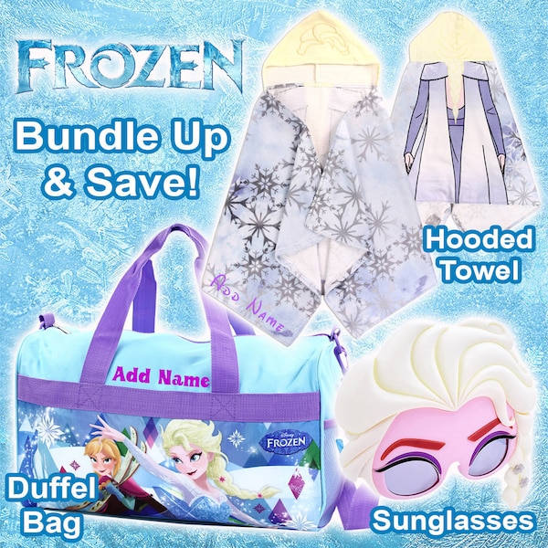 Frozen Elsa Personalized 3-Piece Gift Bundle set. Includes Personalized Duffel Bag, Personalized Hooded Towel and Sunglasses