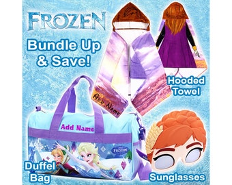 Frozen Anna Personalized 3-Piece Gift Bundle set. Includes Personalized Duffel Bag, Personalized Hooded Towel and Sunglasses