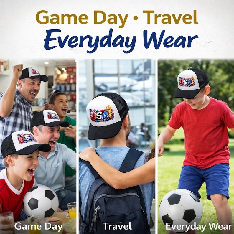 Puede incluir: Gorra de camionero en blanco y negro con un gr&aacute;fico de USA. La gorra se usa en varios entornos, incluyendo d&iacute;as de juego, viajes y uso diario. La gorra tiene una parte trasera de malla y una visera curva.