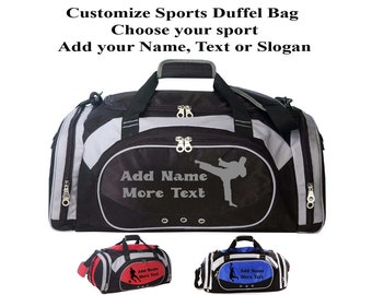 Gym Duffel Bag with Customized Sport, Name and Text - Karate, Football, Soccer, Basketball, Baseball, Wrestling, Cross Fit,