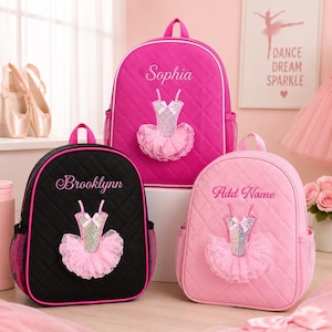 May include: Three quilted backpacks in hot pink, black, and light pink. Each features a central sequined leotard appliqué with a pink tulle tutu skirt. The backpacks are personalized with embroidered names: Sophia, Brooklynn, and Add Name.