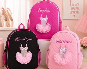 May include: Three quilted backpacks in hot pink, black, and light pink. Each features a central sequined leotard appliqué with a pink tulle tutu skirt. The backpacks are personalised with embroidered names: Sophia, Brooklynn, and Add Name.