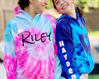 Personalized Tie Dye Sweatshirt with Hood - Pullover Fleece Hoodie with Custom Text