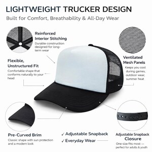 Puede incluir: Gorra de camionero negra y blanca con visera precurvada y cierre ajustable a presi&oacute;n. La gorra presenta un panel frontal blanco, paneles traseros de malla negra y el texto "LIGHTWEIGHT TRUCKER DESIGN". Dise&ntilde;ada para la comodidad y transpirabilidad.