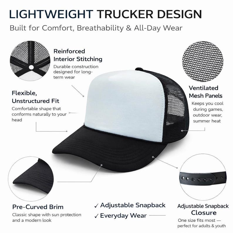 Puede incluir: Gorra de camionero negra y blanca con visera precurvada y cierre ajustable a presi&oacute;n. La gorra presenta un panel frontal blanco, paneles traseros de malla negra y el texto "LIGHTWEIGHT TRUCKER DESIGN". Dise&ntilde;ada para la comodidad y transpirabilidad.