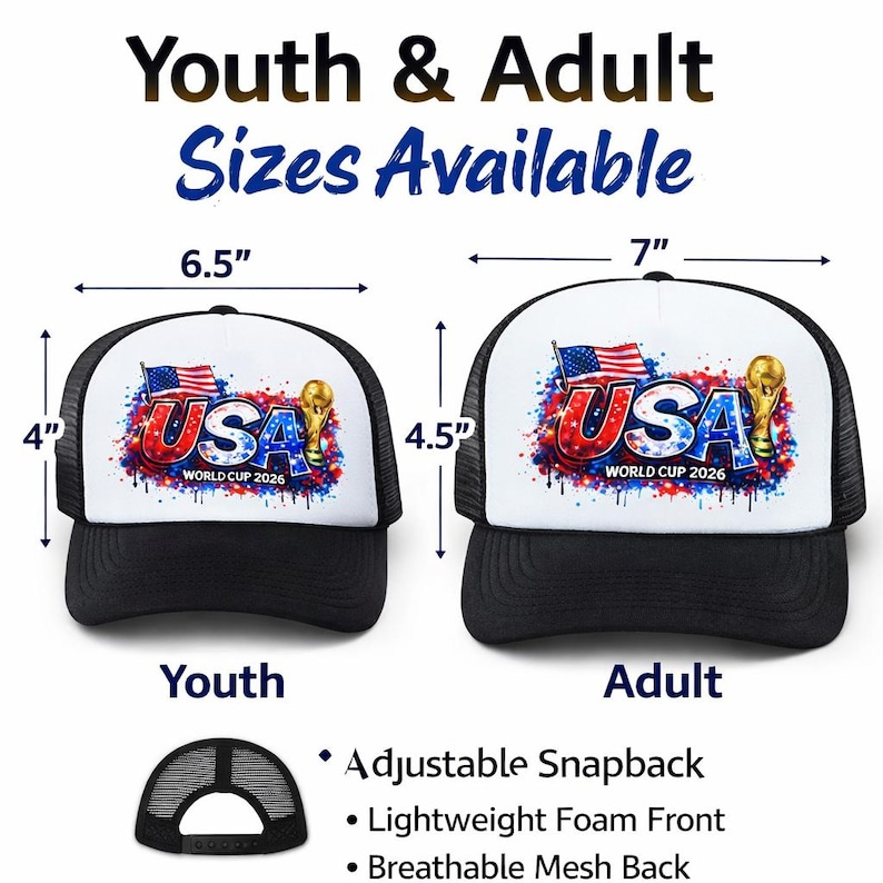 Puede incluir: Gorras de camionero en blanco y negro con el texto "USA WORLD CUP 2026" y un dise&ntilde;o de la bandera estadounidense. La gorra juvenil mide 16,5 cm de ancho y 10,2 cm de alto, la de adulto 17,8 cm de ancho y 11,4 cm de alto. Cierre ajustable.
