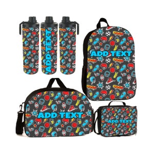 May include: A black and grey school backpack, lunch bag, duffel bag, and three water bottles. All items feature a colourful pattern of sports-related icons and the text "ADD TEXT".