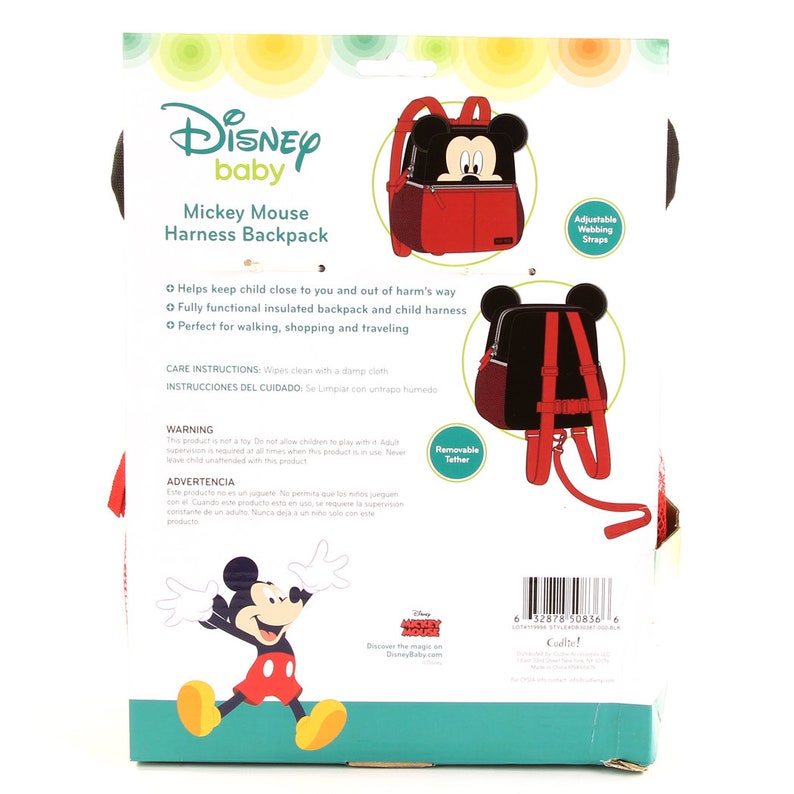 Puede incluir: Mochila roja y negra con arn&eacute;s para ni&ntilde;os, con el personaje de Mickey Mouse, con correas ajustables y una correa extra&iacute;ble. La mochila tiene cierre de cremallera y un peque&ntilde;o bolsillo en la parte delantera. El embalaje incluye instrucciones de cuidado y advertencias.