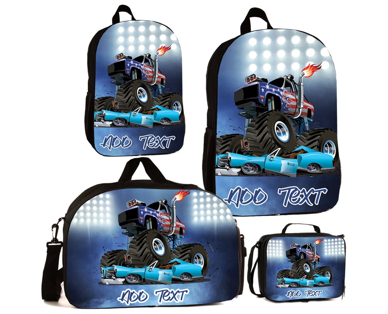 Personalized Full Color Kids Backpacks / Lunch Bag / Duffel Bag - 4X4 Monster Truck