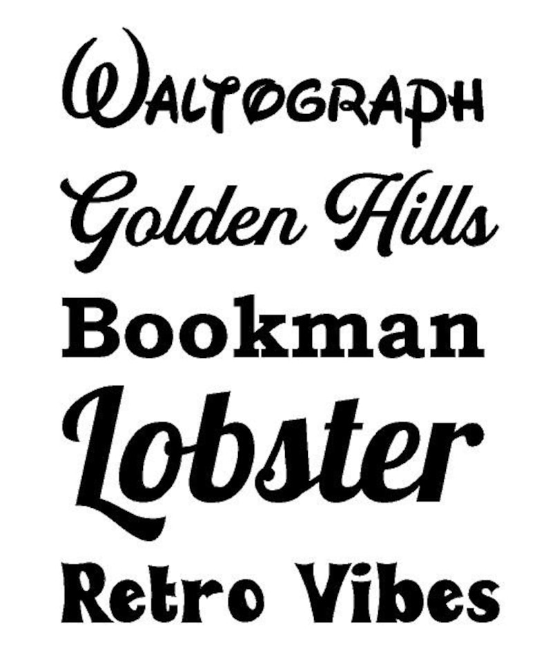 Op de afbeelding: Een verzameling van vijf verschillende lettertypen in zwarte tekst op een witte achtergrond. De lettertypen zijn "Waltograph", "Golden Hills", "Bookman", "Lobster" en "Retro Vibes".