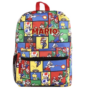 May include: A vibrant backpack with a repeating pattern of Super Mario characters in red, blue, yellow, and green squares. The word "MARIO" is printed in red across the top. The backpack has a black zippered front pocket, a red handle, and a black mesh side pocket.