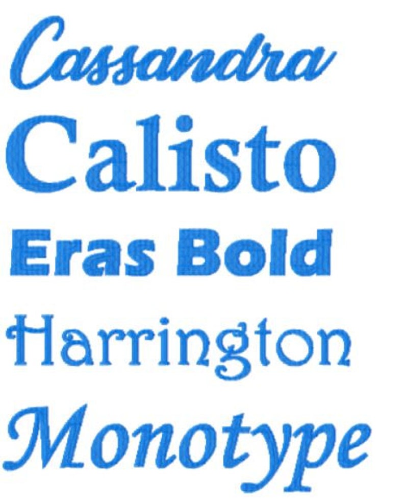 K&ouml;nnte beinhalten: Nahaufnahme von f&uuml;nf verschiedenen Schriftarten in Blau: Cassandra, Calisto, Eras Bold, Harrington und Monotype.
