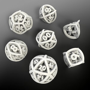 May include: Seven white, geometric dice with numbers visible on their surfaces. The dice are arranged on a dark gray background. The dice are designed with an open, cage-like structure.