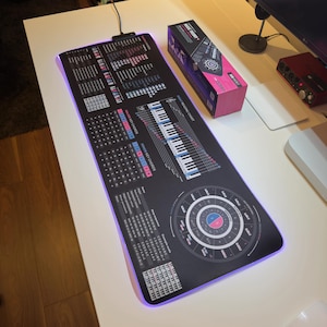 Op de afbeelding: Een zwart-witte toetsenbord- en muziektheorie-muismat met een paarse gloed rond de randen. De muismat heeft een cirkel met muzieknoten, een pianoklavier en een tabel met majeur en mineur toonsoorten.