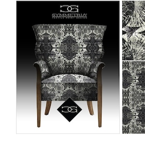 Puede incluir: Un sillón tapizado con respaldo alto y patas de madera. La silla presenta una tela estampada en blanco y negro con un diseño simétrico. La imagen también incluye un primer plano del patrón de la tela y el logotipo "SYMMETRIA TEXTILE PRINT DESIGN".