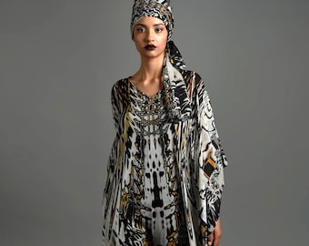 Extravagant Boho Dress, Black Yellow Designer Print Silk Kaftan, Loose Chiffon Caftan, Avant Garde Clothing, Animal Print Tunic Top Cover Up