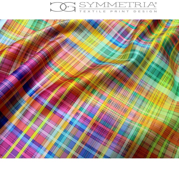 Bright colorful checked spring plaid fabric, artist made - cheerful geometric gridded fabric design printed on demand for upholstery & decor