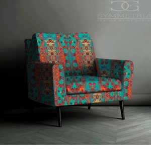 Teal Orange Floral Fabric, Vintage Botanical Vine Print, Ornamental Luxury Textile for Upholstery & Home Décor, Printed On Demand CLEMENTINE