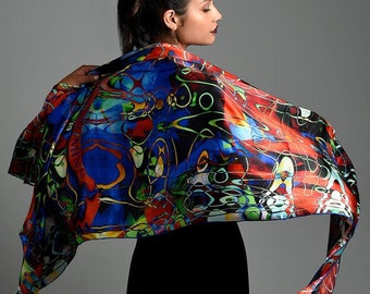 Abstract Silk Scarf Red Blue, Mulberry Silk Shawl, Artful Oversized Wrap, Luxury Designer Stole, Made in Italy - KANDINSKY by CG