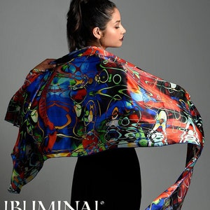 Pure Mulberry Silk Surreal Art Extra Long Stole, Designer Print - Psychedelic Red Blue Abstract Painting Art Scarf Wrap By Claudia Gastaldo