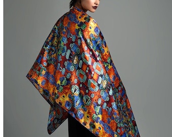 Orange Blue Klimt Silk Shawl, Oversized Mulberry Silk Scarf Wrap, Artistic Stole, Hand Rolled Hem, Made in Italy - KLIMT by CG
