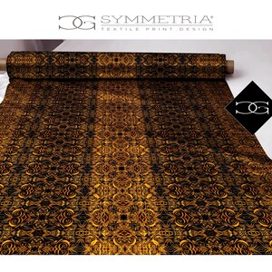 May include: A roll of fabric with a repeating gold and black ornate pattern. The fabric is labeled "SYMMETRIA TEXTILE PRINT DESIGN". The design features a symmetrical arrangement of swirling, floral-like elements.
