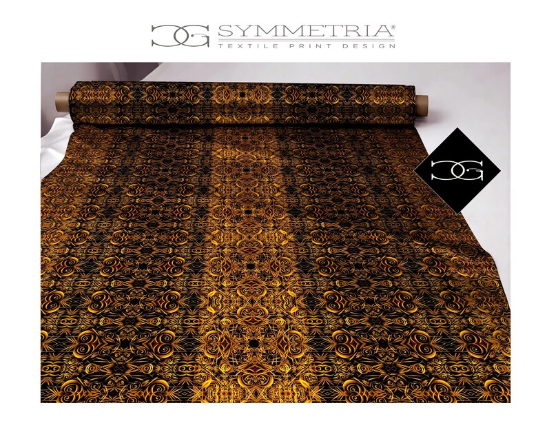 May include: A roll of fabric with a repeating gold and black ornate pattern. The fabric is labeled "SYMMETRIA TEXTILE PRINT DESIGN". The design features a symmetrical arrangement of swirling, floral-like elements.