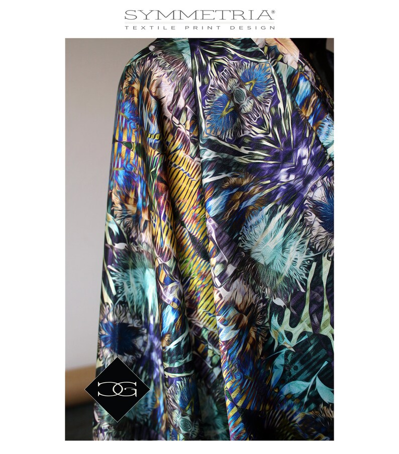 Creative Fashion Printed Satin LilacAqua Apparel Fabric Art Artist Painted Exquisite Floral Charmeuse Designer Fashion /& Decor Fabric