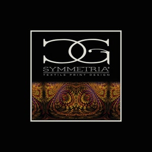 May include: The image features a logo with the letters "DG" in a stylized font above the word "SYMMETRIA" and the text "TEXTILE PRINT DESIGN." Below the text is a colorful, symmetrical pattern in shades of gold, purple, and brown, set against a black background.