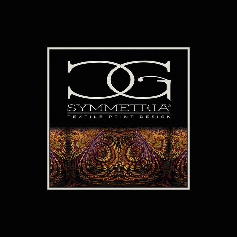 May include: The image features a logo with the letters "DG" in a stylized font above the word "SYMMETRIA" and the text "TEXTILE PRINT DESIGN." Below the text is a colorful, symmetrical pattern in shades of gold, purple, and brown, set against a black background.