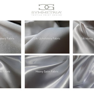 May include: A collage showcasing various fabric types, including velvet, silk, charmeuse, and heavy satin. Each fabric sample is a different shade of white or off-white, with the names of the fabrics displayed below each sample. The logo for Symmetria Textile Print Design is at the top.