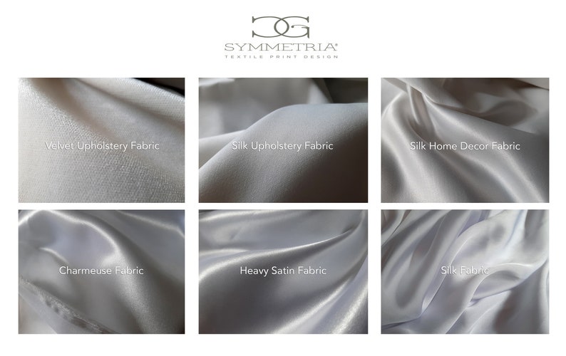 May include: A collage showcasing various fabric types, including velvet, silk, charmeuse, and heavy satin. Each fabric sample is a different shade of white or off-white, with the names of the fabrics displayed below each sample. The logo for Symmetria Textile Print Design is at the top.